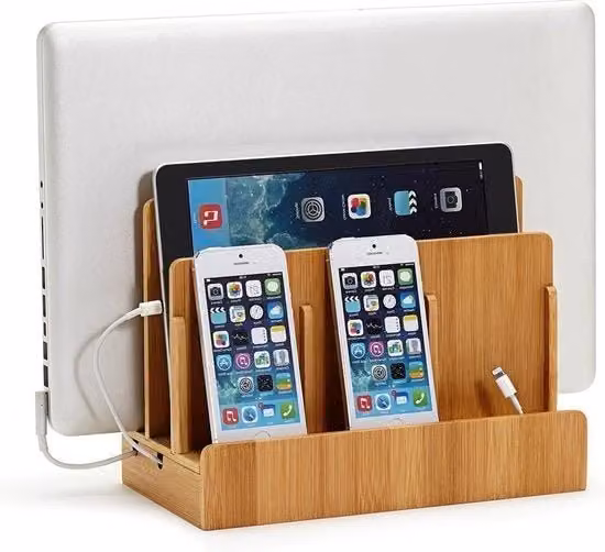 Piastra di Ricarica per Desktop in Legno di Bambù Marrone con Scomparti Multipli per iPhone, iPad e Samsung