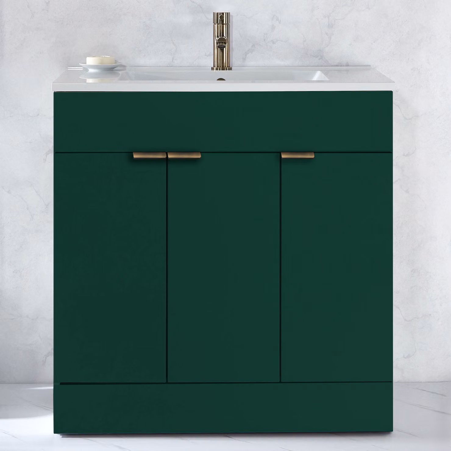 Mobile Bagno a Terra Verde Scuro da 810mm con Lavabo e Maniglie con Impugnatura a Dito in Ottone Spazzolato - Cluo