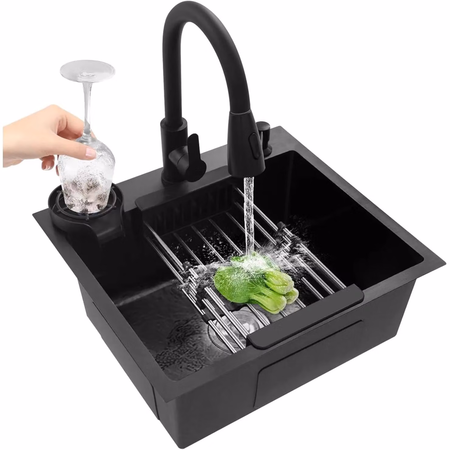 Lavello da cucina - Vasca singola in acciaio inossidabile - Con miscelatore - Un foro per il miscelatore - Nero - 50 x 45 cm