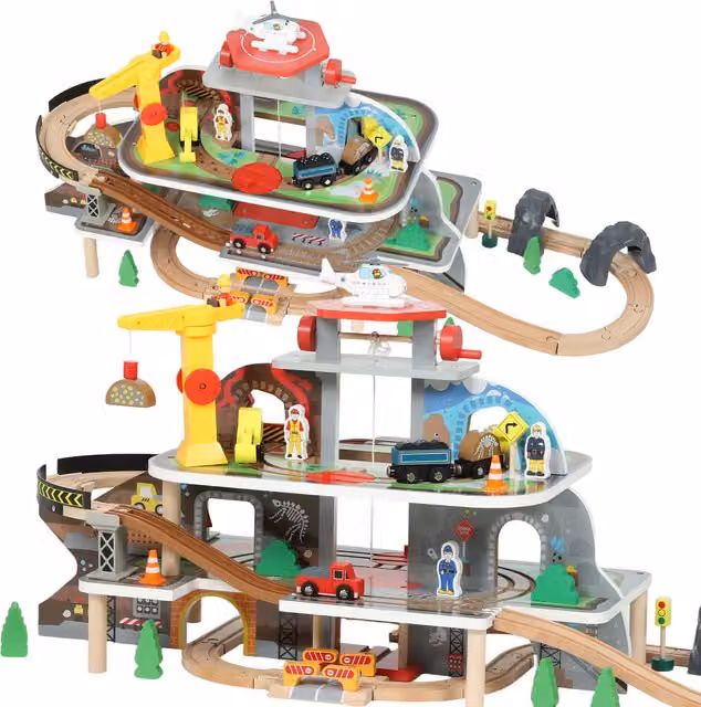 Set trenino in legno AIYAPLAY multicolore con 79 pezzi, 4 livelli, ascensore e gru