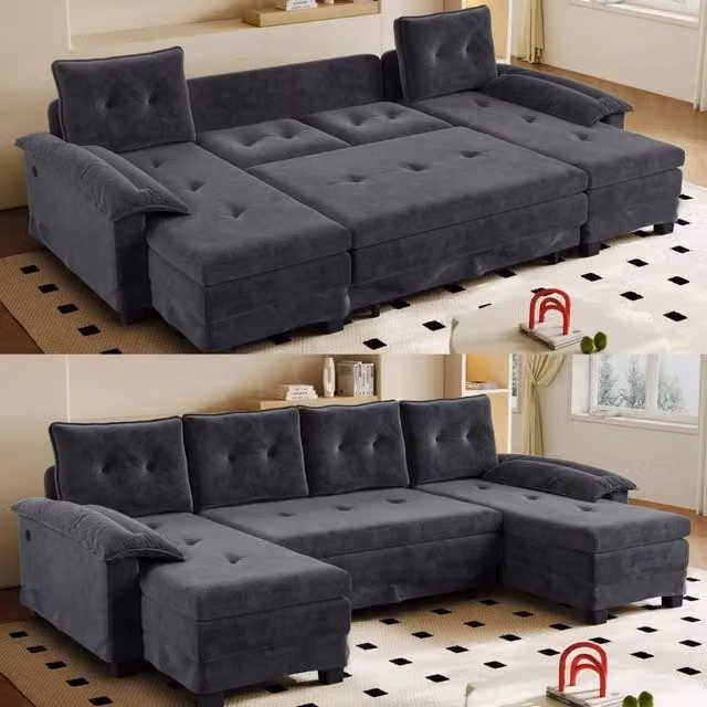 Divano Angolare a U con Letto Estraibile e USB ¨C Xylo ¨C Grigio, Modulare, 278 cm