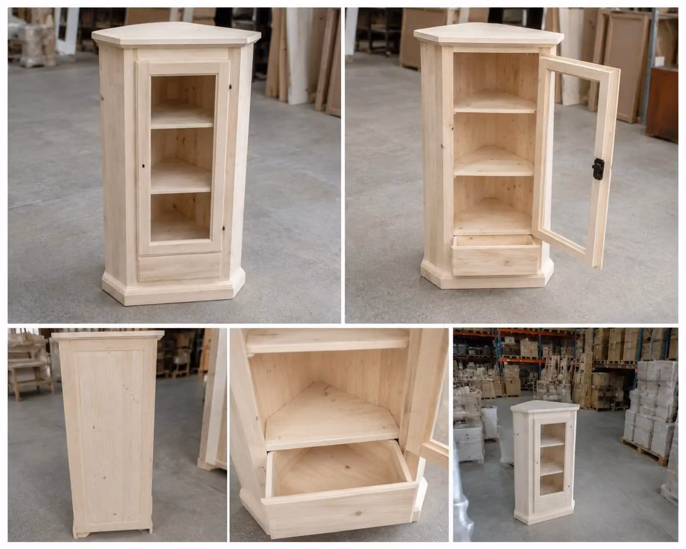 Mobile angolare vetrina classica Mobili 2G in legno di pino grezzo con anta in vetro e serratura L/P/H: 50 x 50 x 130 cm – 1