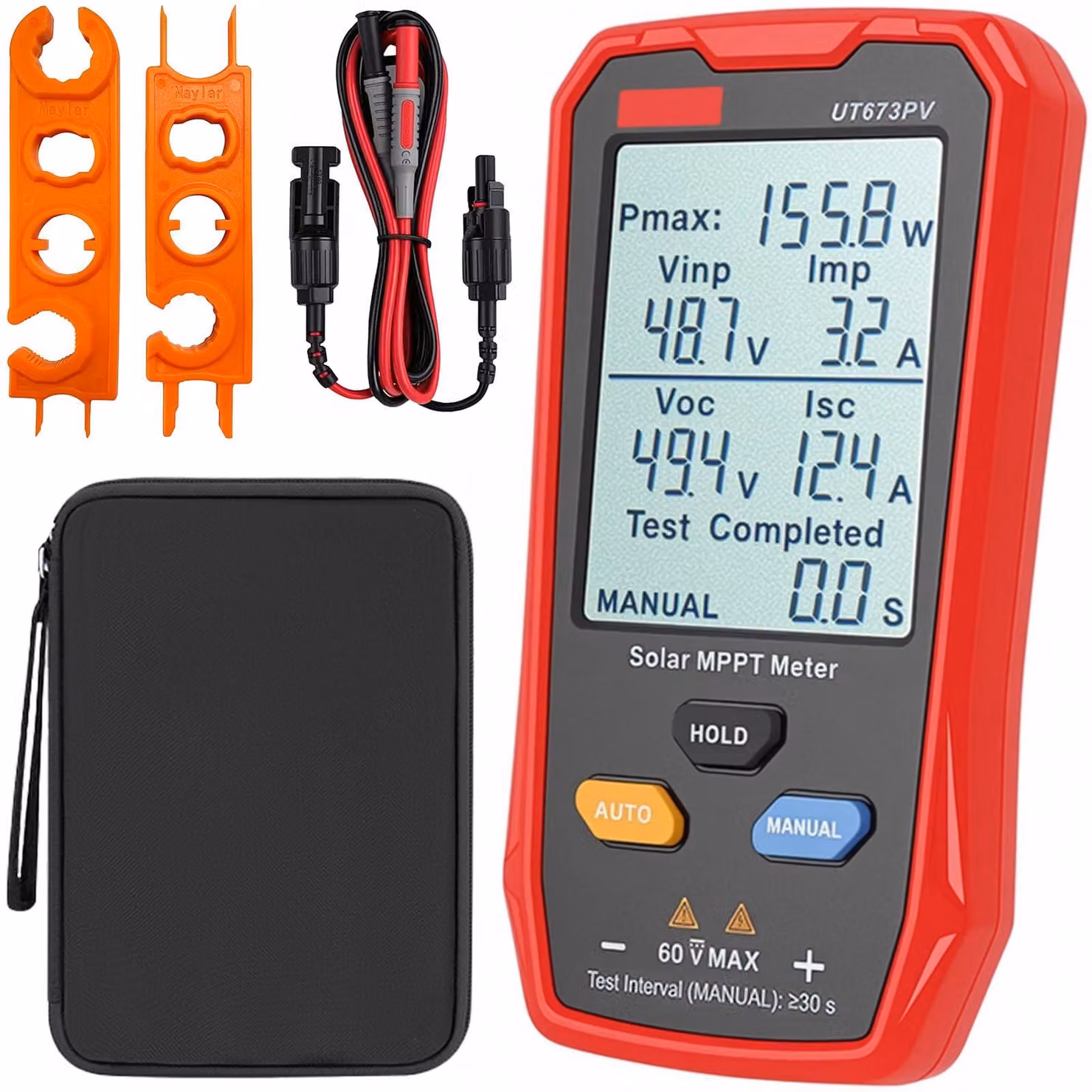 Tester per pannelli solari da 800 W - 12-60 Volt - Colore: rosso - Multimetro fotovoltaico - Tester per impianti fotovoltaici - Con ampio schermo LCD
