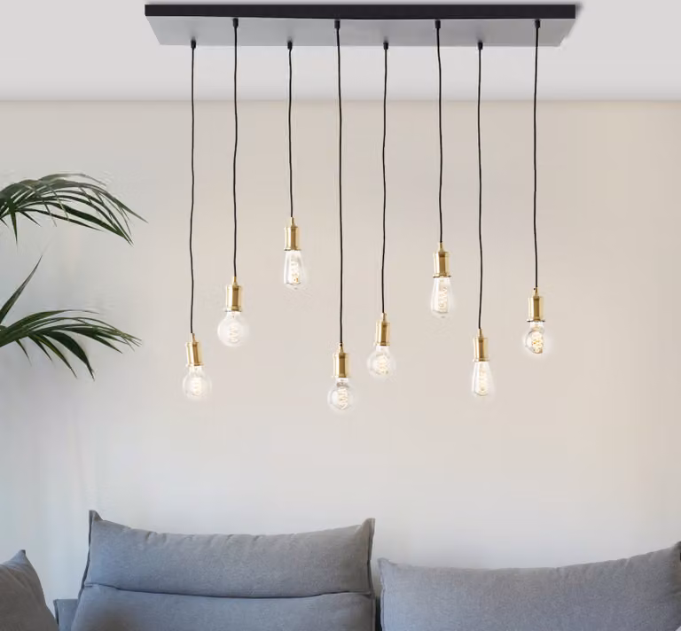 BRILLIANT: Lampadario a sospensione, modello "schwarzes Reihen", colore nero | 133 x 110 cm | 8 portalampada E27, massimo 60 W per portalampada | Cavo regolabile in lunghezza | Metallo
