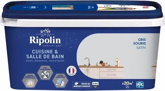 RIPOLIN Vernice per cucina e bagno, per pareti, legno, soffitti e radiatori, 2 L, grigio topo, antigrasso, antimuffa