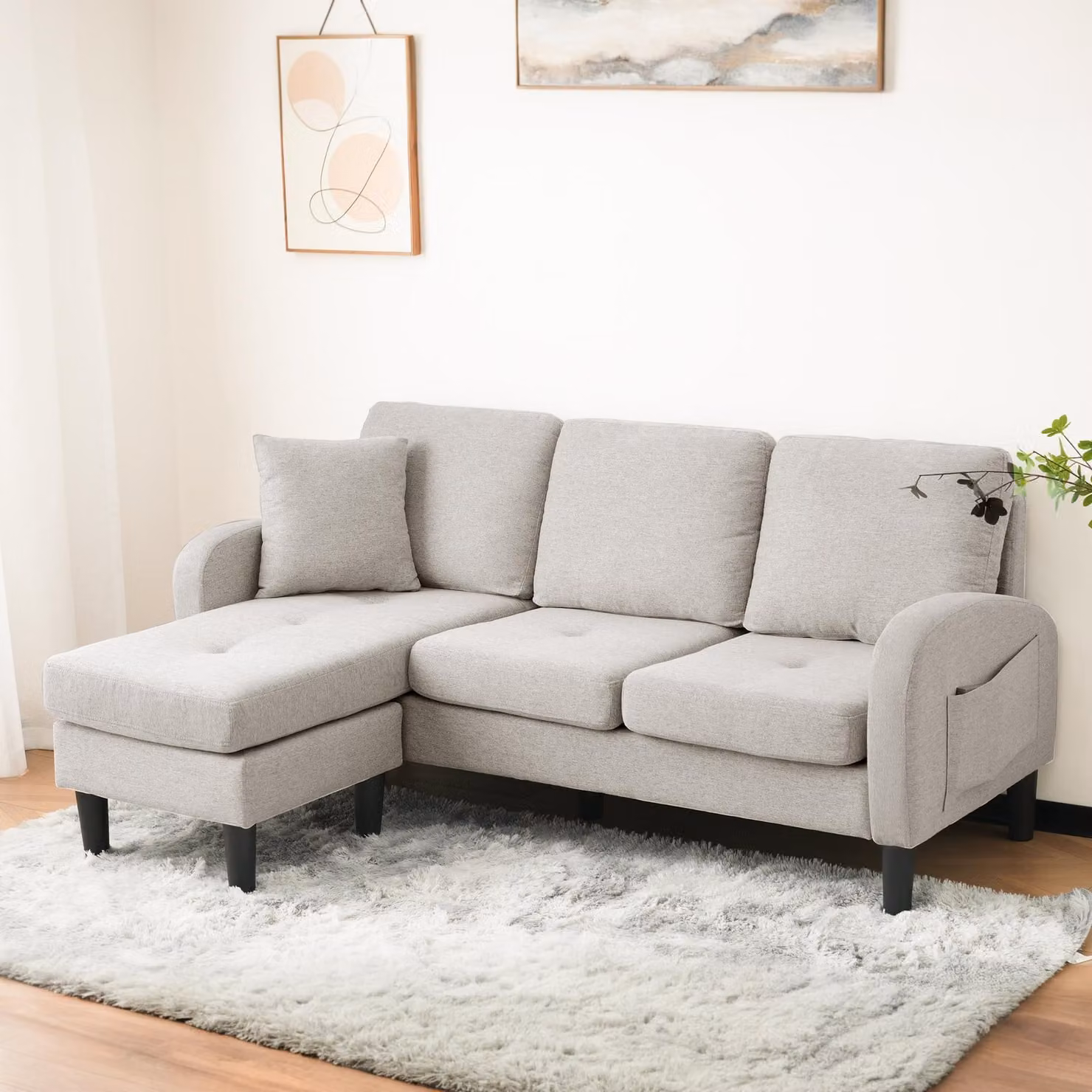 Merax divano angolare divano a L divano a 3 posti in tessuto di cotone e lino, imbottito divano componibile con chaise longue, 85x118x82cm, beige