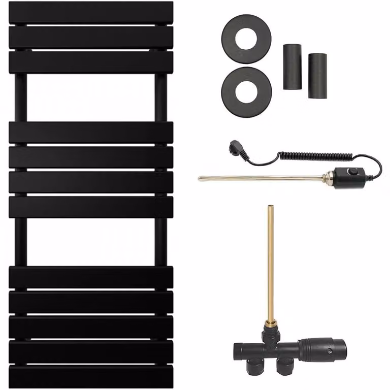 CERANO - Set radiatore da bagno Claude - riscaldamento combinato, barra termica - attacco laterale a punto singolo - 650 W - nero opaco - 1200 x 500 mm