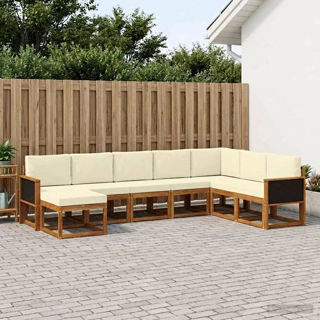 Set di divani da esterno vidaXL 8 pz in legno di acacia con cuscini, forma a L, colori beige, bianco e marrone