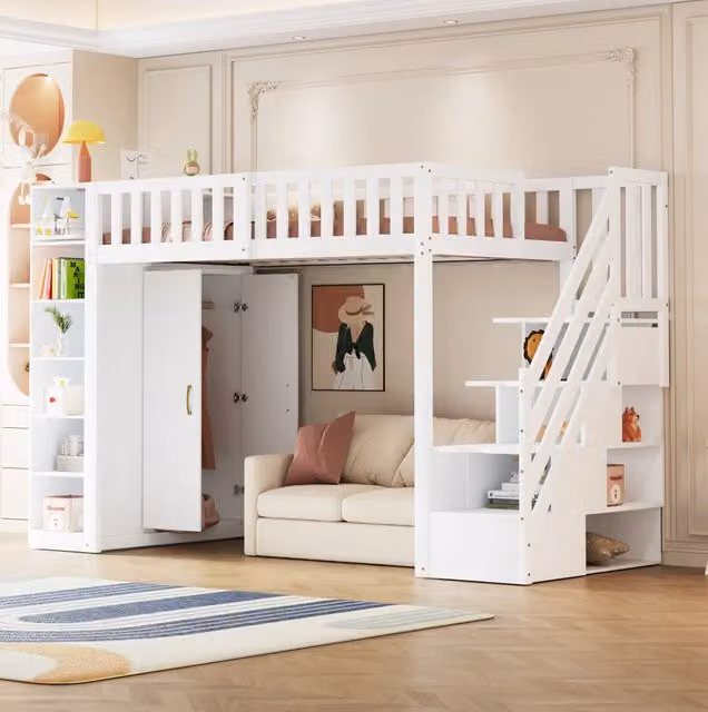 Letto a soppalco ULEVR 90x200 cm con armadio, scala con cassetti e ripiani, bianco
