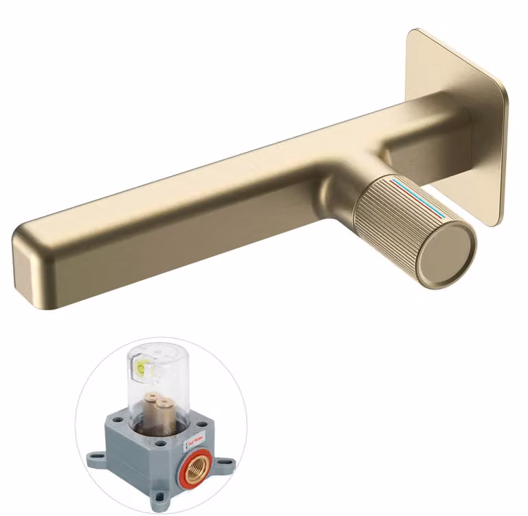 Miscelatore per lavabo, finitura oro spazzolato, ottone, monoblocco