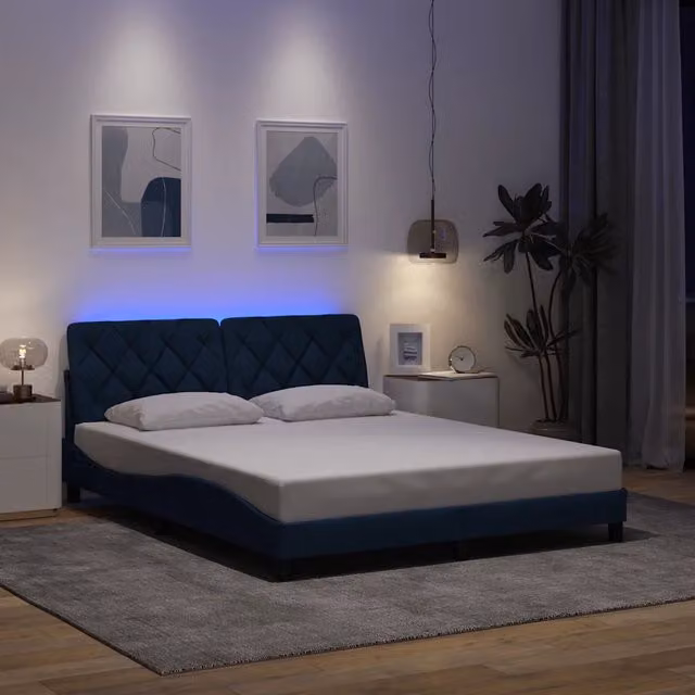 Letto con giroletto in tessuto blu con illuminazione LED e porta USB vidaXL L/P: 160 x 200 cm