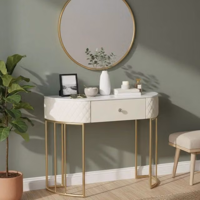 Consolle Niccolo, Tavolo multiuso, Mobiletto d'appoggio, Scrivania da corridoio, 100x40 h75 cm, Bianco e Oro