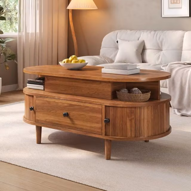 Tavolino da caffè ovale 105x50x60.5 cm con piano sollevabile idraulico in MDF noce
