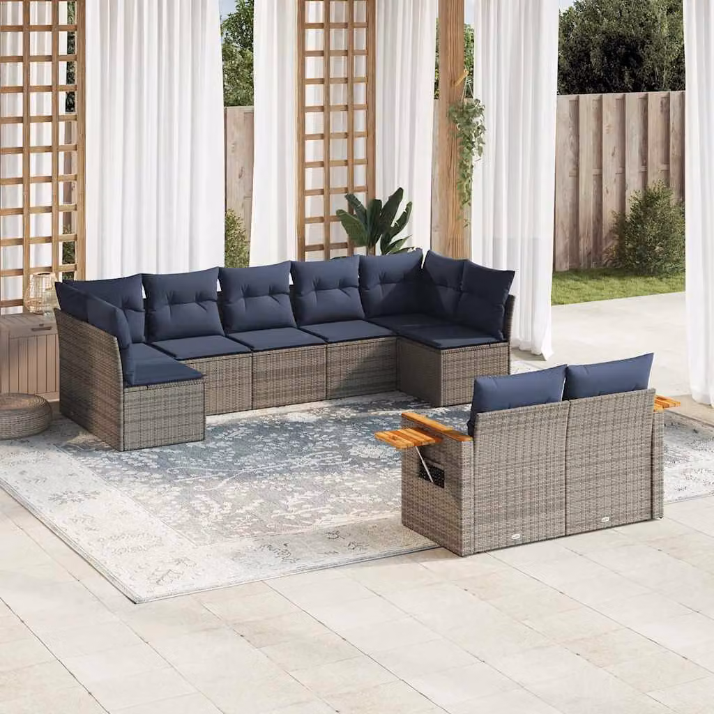 Set di divani da giardino vidaXL a forma di U composto da 9 pezzi in polyrattan con cuscini grigi e blu e tavolino da esterno – 1