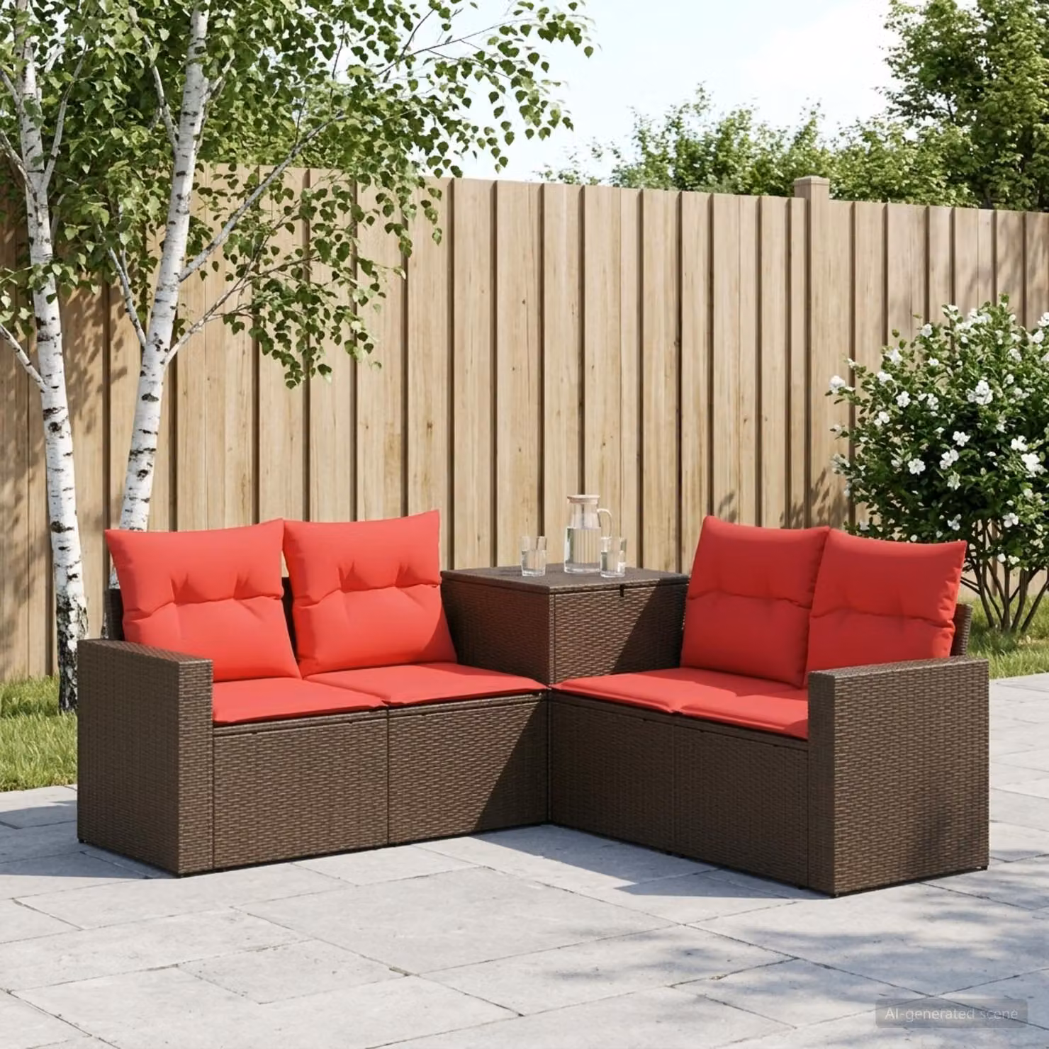 Set di divani da giardino a forma di L vidaXL in rattan e acciaio con cuscini, marrone e rosso