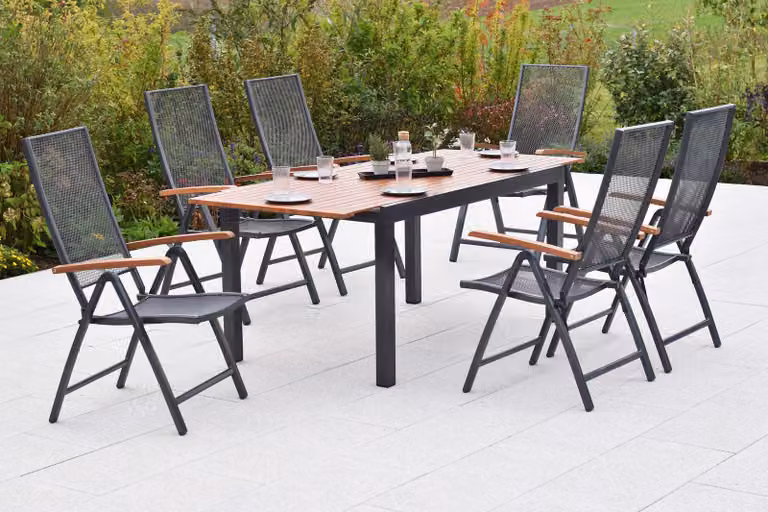 Set di mobili da giardino Merxx Thasos, 7 pezzi: 6 sedie pieghevoli, 1 tavolo allungabile 150 (200) x 90 cm – alluminio/plastica