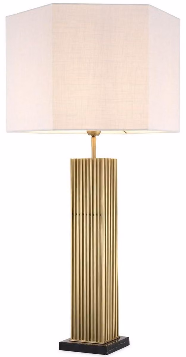 Casa Padrino lampada da tavolo colore ottone antico / nero / bianco 46 x 46 x h. 87 cm - Lampada da scrivania moderna con paralume esagonale - Qualità lussuosa