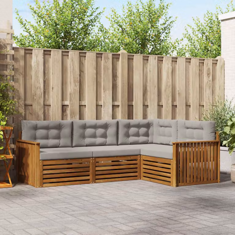 vidaXL Set di divani da esterno a L in legno di acacia con cuscini, Grigio e Marrone