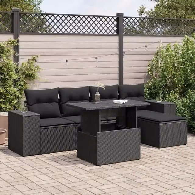 Set Divano da Giardino 6 pz con Cuscini Nero in Polyrattan 3326776