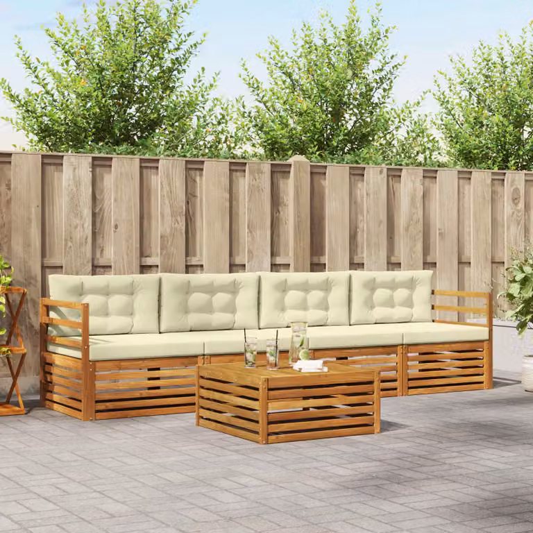 Set di divani da esterno vidaXL 5 pezzi in legno di acacia con cuscini beige e bianco