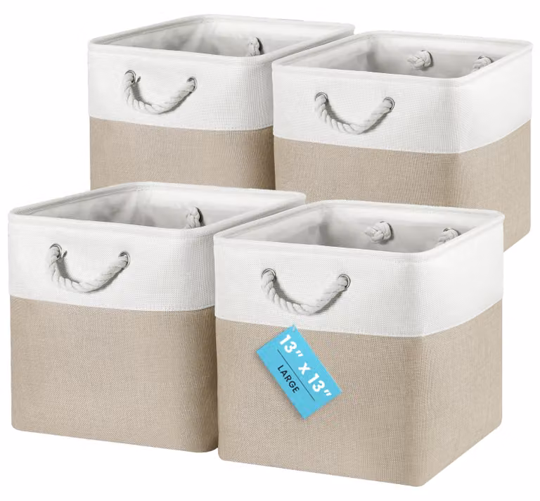 Set di 4 cesti beige/bianchi con maniglie, ideali per l'organizzazione e il riordino