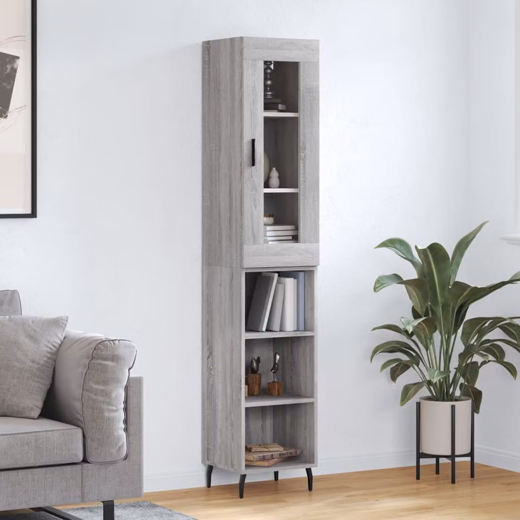 Credenza moderna vidaXL in legno e metallo con ante in vetro, Grigio, L/P/H: 34,5 x 34 x 180 cm