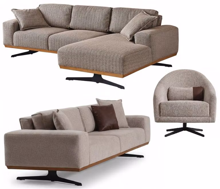 Set da salotto: divano ad angolo in stile moderno, beige, con struttura in legno, divano morbido