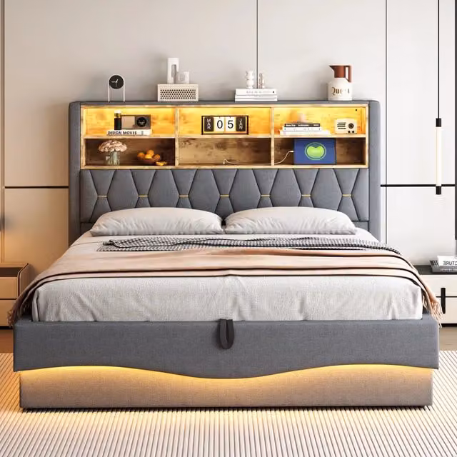 Letto contenitore Mivray imbottito in lino grigio con sollevamento idraulico, illuminazione LED e porta USB, L/P: 180 x 200 cm, H: 221 cm