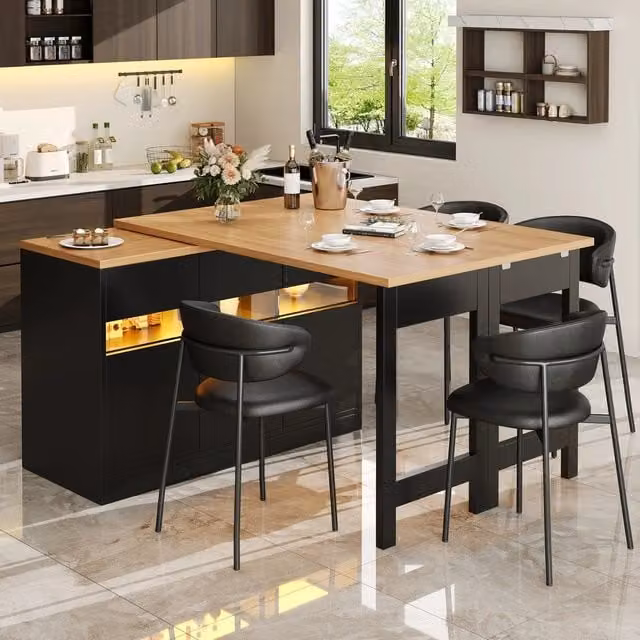 Tavolo cucina allungabile ¨C Minimal ¨C bianco, effetto marmo, 120-180cm, con LED e rotazione 360¡ã salvaspazio