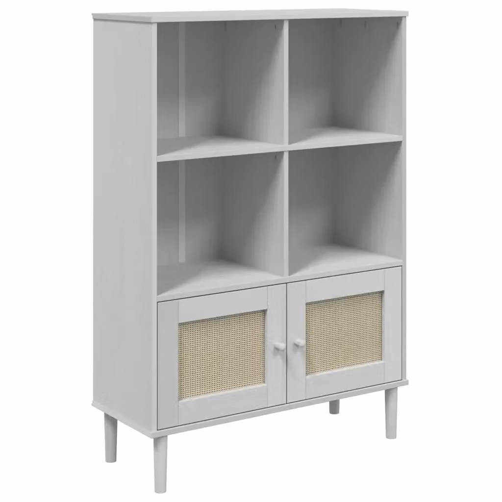 Credenza Buffet Armadio da Cucina Senja Design Mania in Pino Massello Bianco con Dettagli in Rattan L/P/H: 90 x 35 x 130 cm – 2