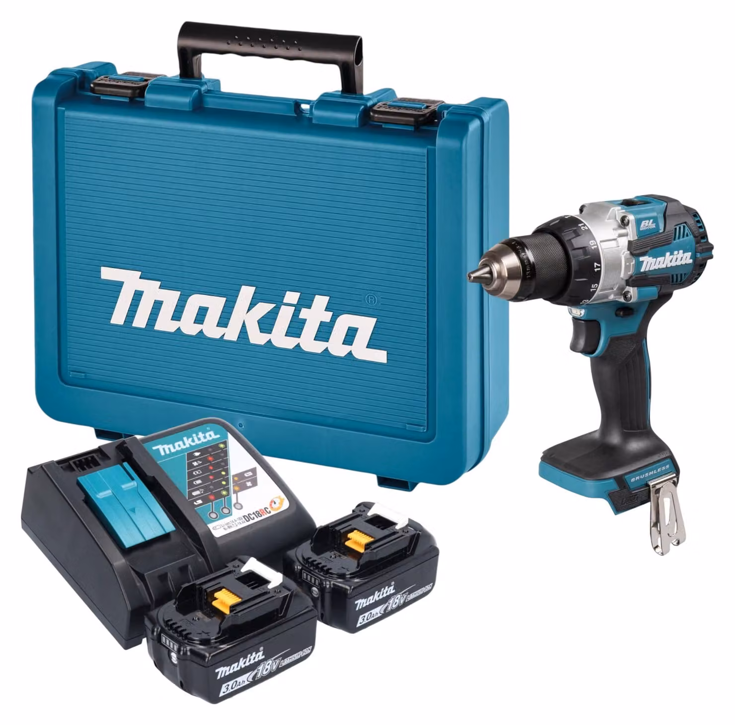 Trapano avvitatore a percussione a batteria Makita DHP 489 RFE 18 V 73 Nm brushless + 2 batterie da 3,0 Ah + caricabatterie + valigetta