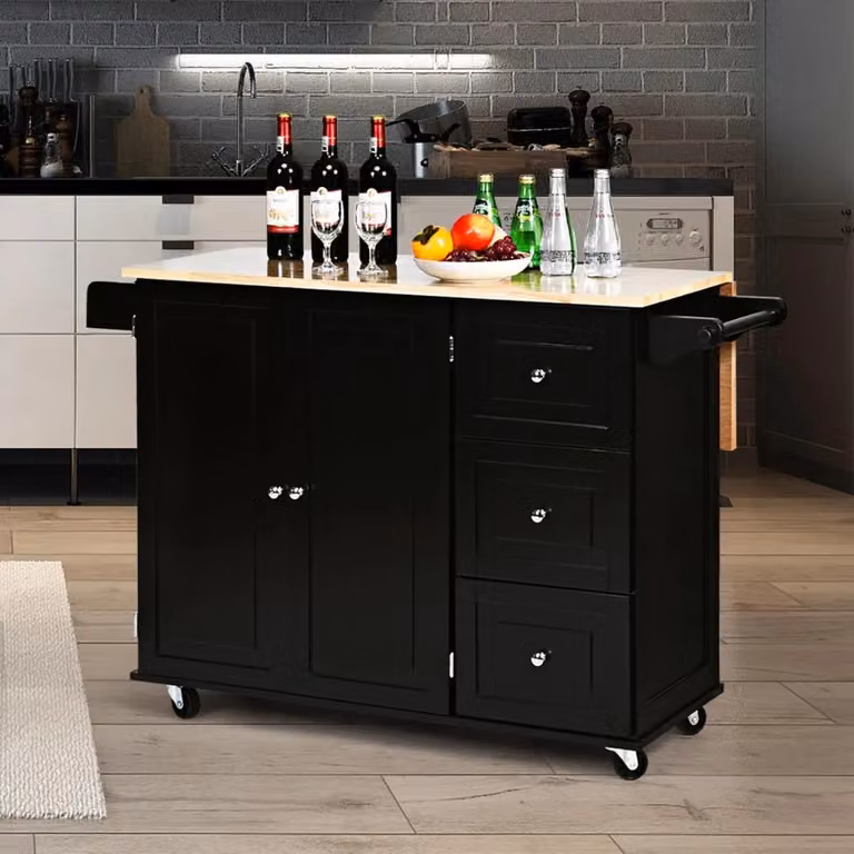 Isola da cucina Costway con piano a ribalta e ruote, mobile moderno in legno nero L/P/H: 136 x 76 x 91 cm