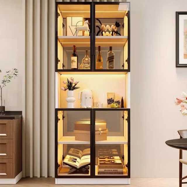 Vetrina in MDF 70x30x170 cm con ante in vetro di sicurezza grigio, illuminazione LED e schienale a specchio. Mobile espositivo per soggiorno, cucina e sala da pranzo