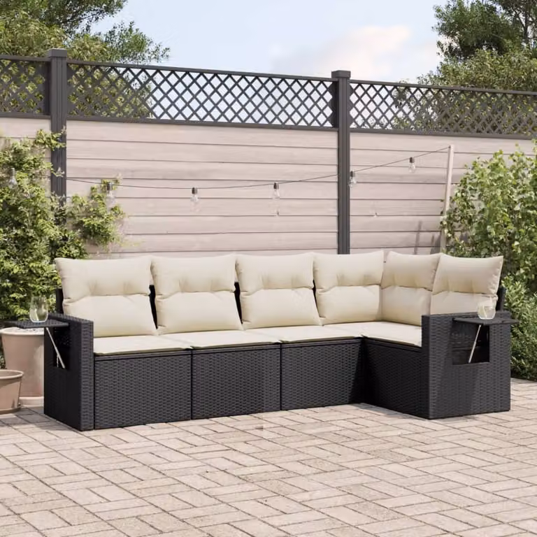 vidaXL Set Divani da Giardino a L 5 pz in Polyrattan Nero con Cuscini e Tavolino