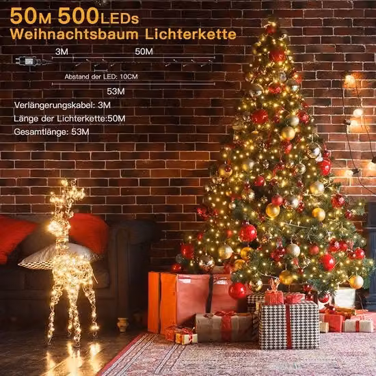 Luci di Natale LED Ollny RGB con Timer e Telecomando, Colore Verde e Giallo, Resistenti all'Acqua IP44, Filo in Rame per Uso Esterno