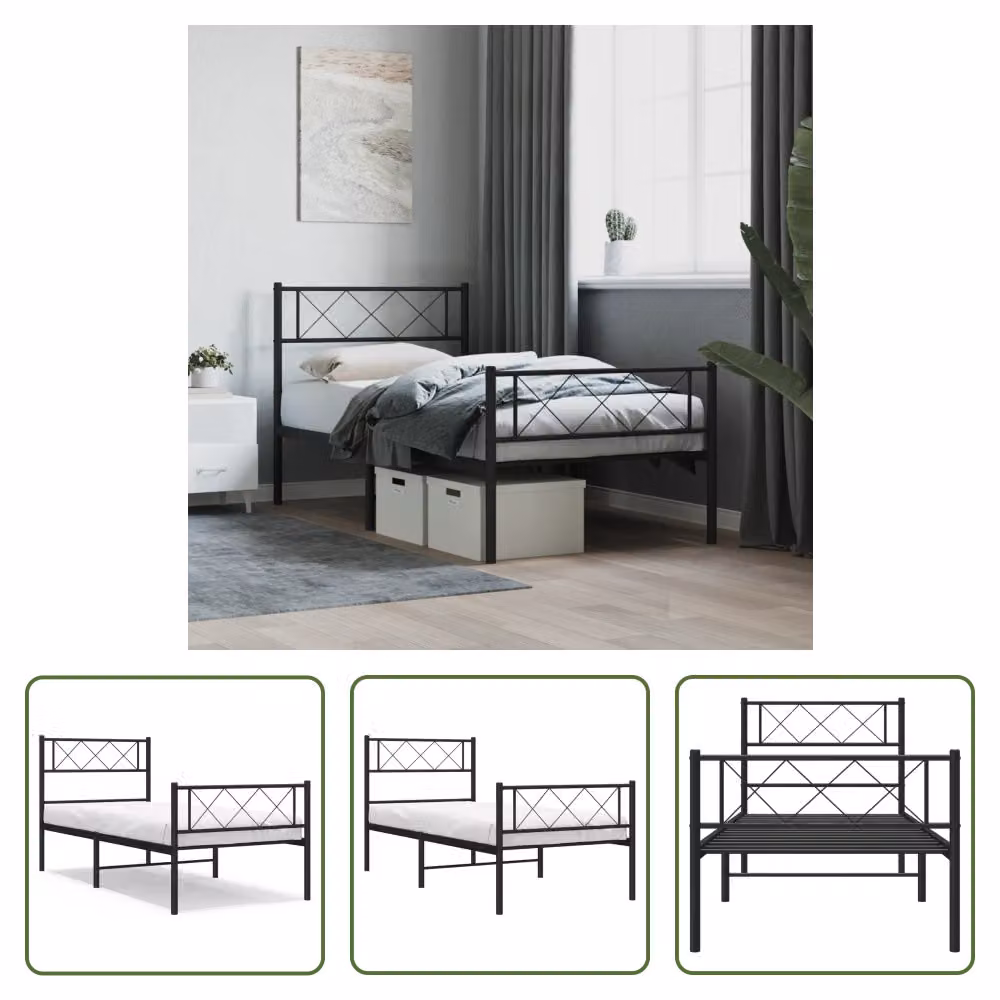 The Living Store Struttura letto con testiera e pediera in metallo nero 100x190 cm