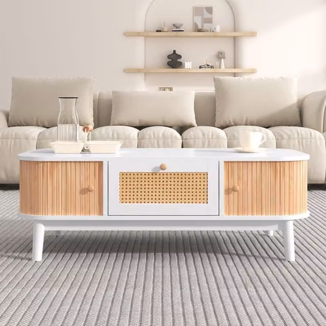 Tavolino da soggiorno moderno Aosom Italy in rattan bianco con 1 cassetto, 2 ante e piedini in legno massiccio, L: 124 cm, P: 64 cm, H: 13.5 cm