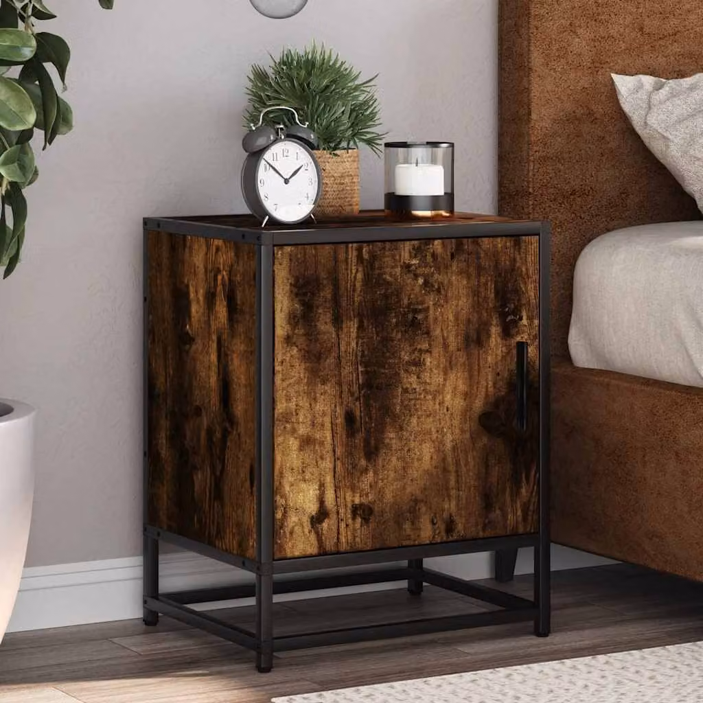 Comodino moderno vidaXL in legno multistrato e metallo, colore rovere fumo, L 40 x P 31 x H 50 cm