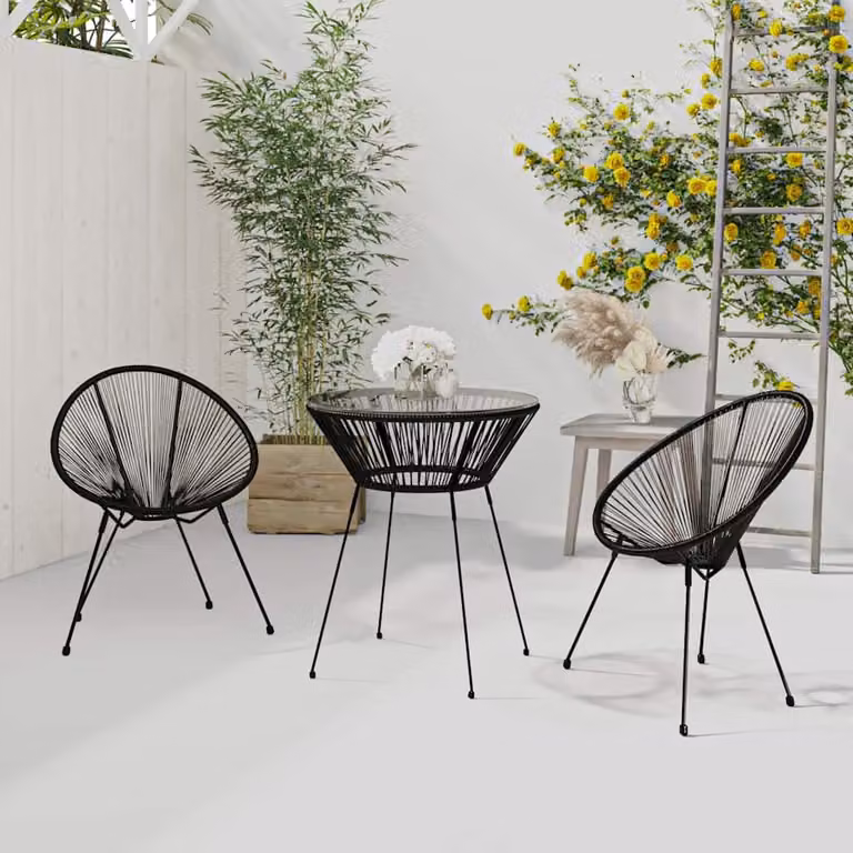 Set da pranzo per giardino e terrazzo vidaXL in polyrattan e vetro nero con tavolo rotondo e 3 sedie moderne