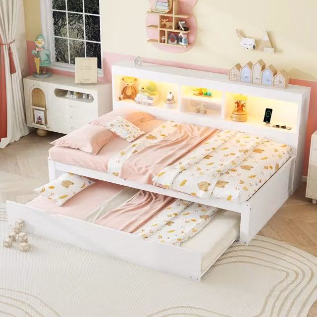 Letto singolo estraibile bianco con illuminazione LED, vano laterale e porte USB, L/P/H: 90 x 200 x 114,5 cm