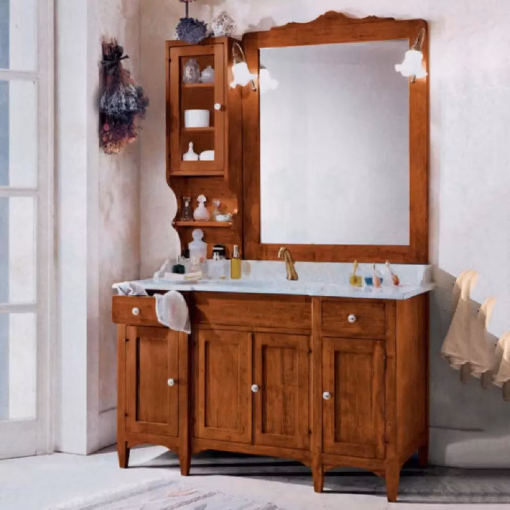 Set mobile bagno Mobili 2G in legno e pietra con lavabo, pensile e specchio con illuminazione LED, L: 129 cm, P: 61 cm, H: 80 cm – 1