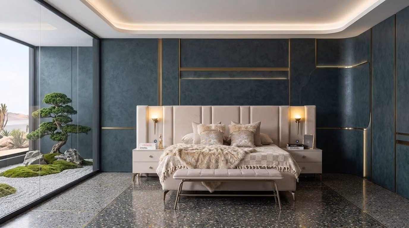 Due comodini, panca, camera da letto, stile moderno, beige, confortevole