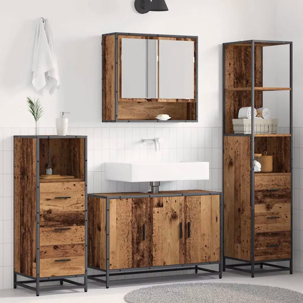 Set di mobili per il bagno vidaXL in legno e metallo marrone, composto da armadietto con specchio, mobile lavabo, mobile laterale e colonna alta, L/P/H: 90 x 33 x 166 cm
