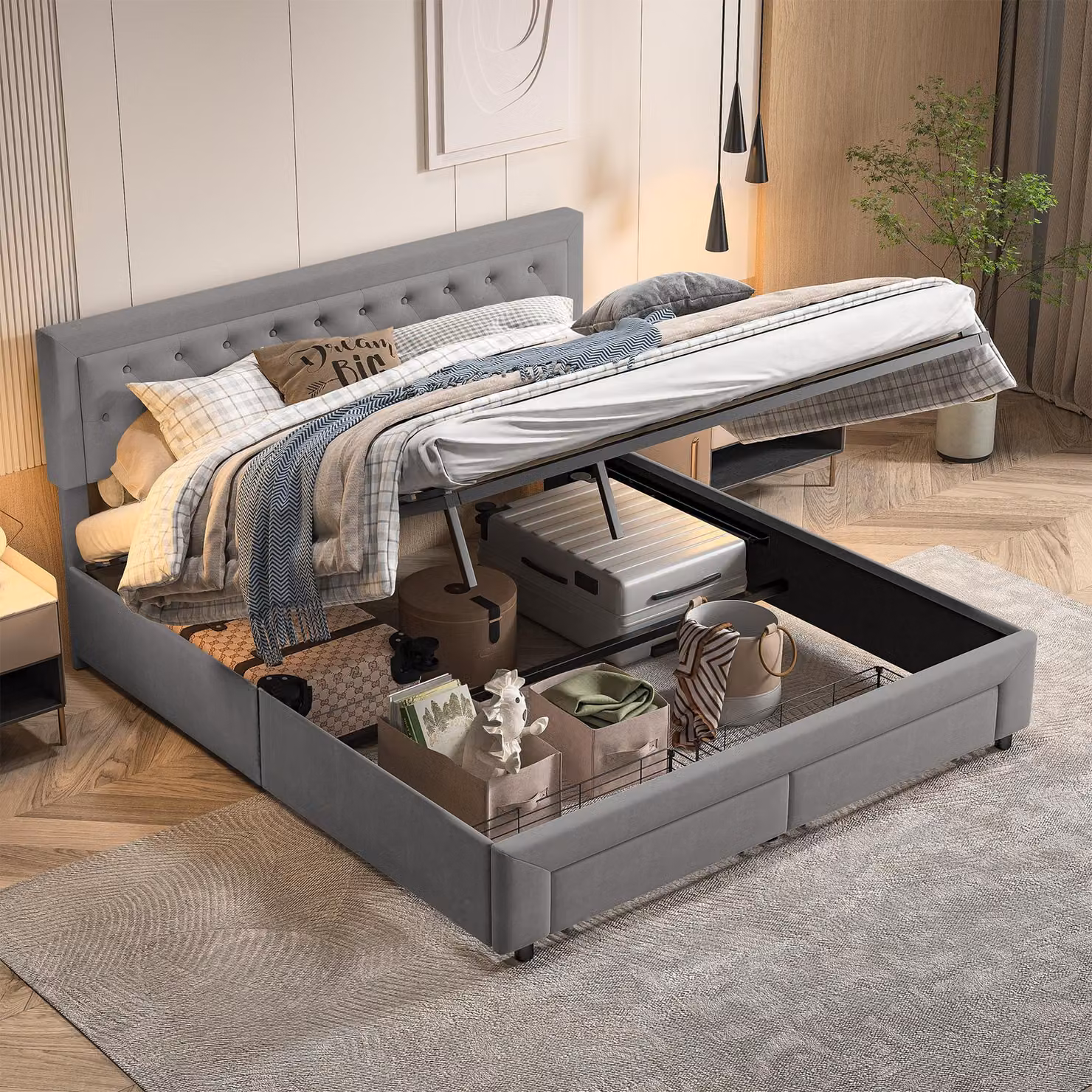 Letto imbottito 180x200 cm con sistema di sollevamento idraulico, contenitore, cassetti e rete a doghe, colore grigio