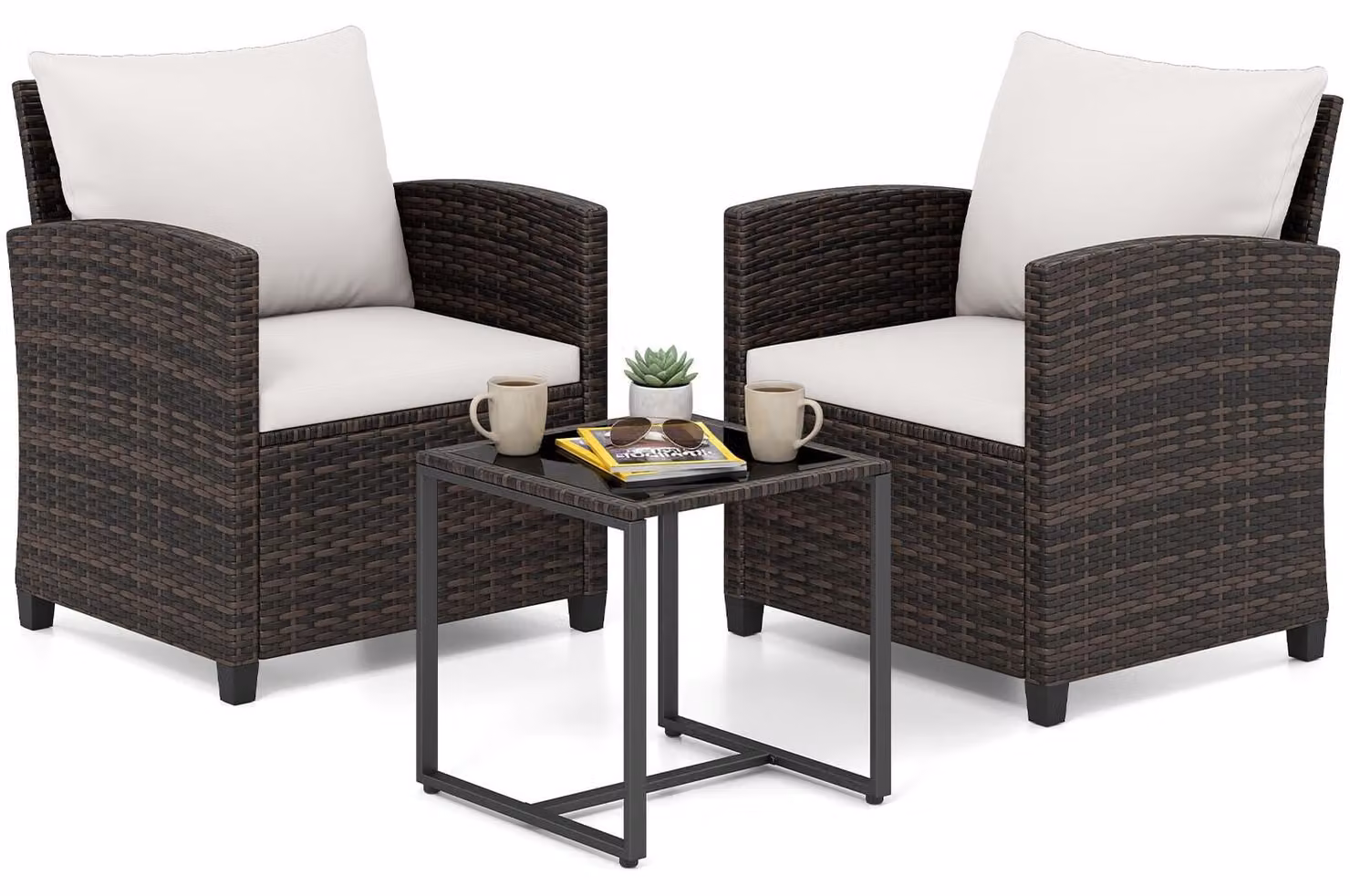 Set di mobili da giardino COSTWAY in polyrattan, mobili da balcone con 2 sedie con cuscini e tavolo in vetro, set da balcone per 2 persone, salottino da esterno marrone-beige