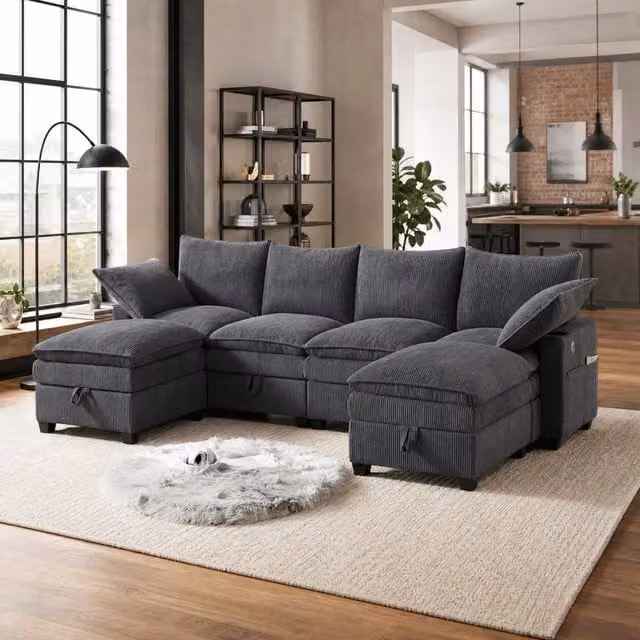 Divano Modulare a L REDOM Grigio in Velluto a Costine, 5-6 Posti, L/P/H: 280 x 151 x 82 cm