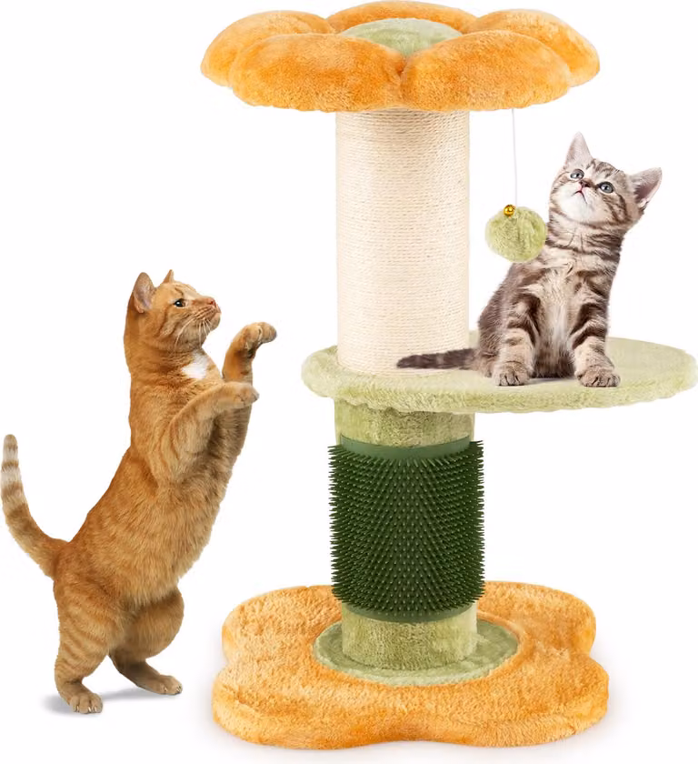 COSTWAY tiragraffi piccolo, 69 cm, albero per gatti con seduta in peluche, tiragraffi in sisal, spazzola e pallina autopulente, albero da arrampicata, arredamento per gatti giallo