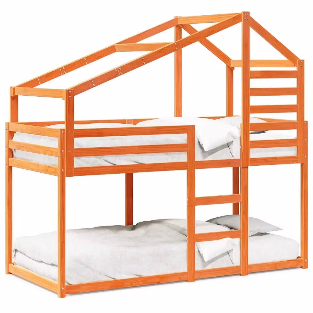 Letto a castello per bambini vidaXL in legno massello di pino con tetto, colore marrone, L/P/H: 205.5 x 90 x 151 cm – 2