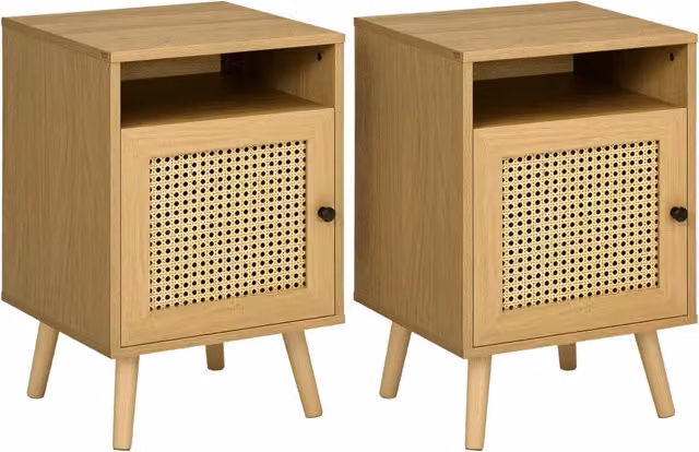 Comodino vintage in legno e rattan con anta e vano a giorno 39 x 35 x 60 cm naturale per camera da letto