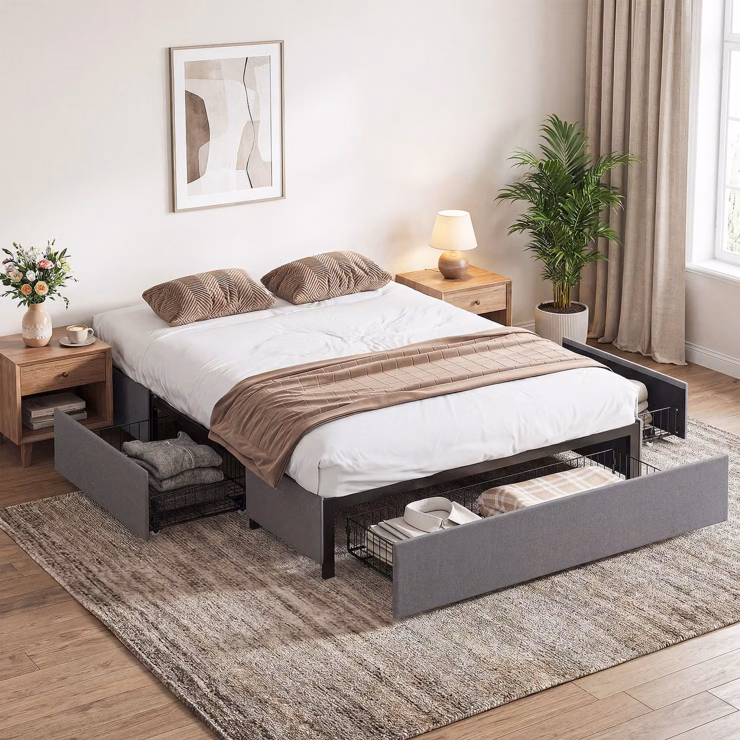Letto Matrimoniale HOMCOM con 3 Cassetti e Struttura Metallica, Grigio, L/P: 140 x 190 cm – 2